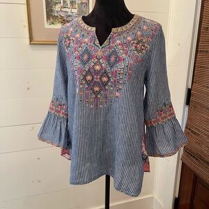 John.Mark V-neck, pullover, top size small embroidered front back and sleeves